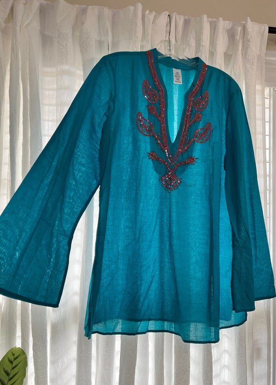 Turquoise Blue Top with Pink Sequins Large Cotton 