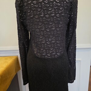 May include: A black lace dress with long sleeves. The dress features a detailed floral pattern on the skirt and a sheer, open-weave lace overlay on the bodice and sleeves. The dress is a classic, elegant design.