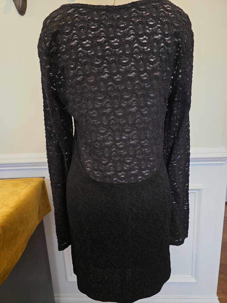 May include: A black lace dress with long sleeves. The dress features a detailed floral pattern on the skirt and a sheer, open-weave lace overlay on the bodice and sleeves. The dress is a classic, elegant design.