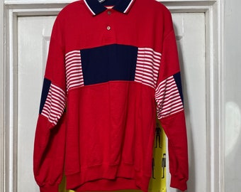 Vintage St John's Bay azul rojo y blanco colorblocked polo camisa de manga larga