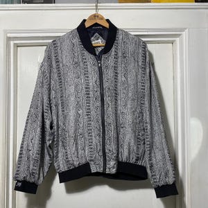 Vintage Black and White Patterned Silk Bomber Jacket