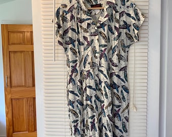 1980s Blue Feather Print Dress - Etsy