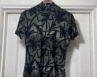 Vintage Sheer Mesh Cutout Grass Print Stretchy Blouse