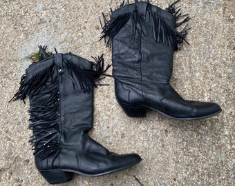 Vintage Black Leather Fringe Cowboy Boots by Dingo