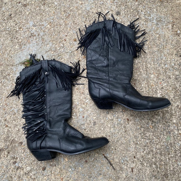 Vintage Black Leather Fringe Cowboy Boots by Dingo