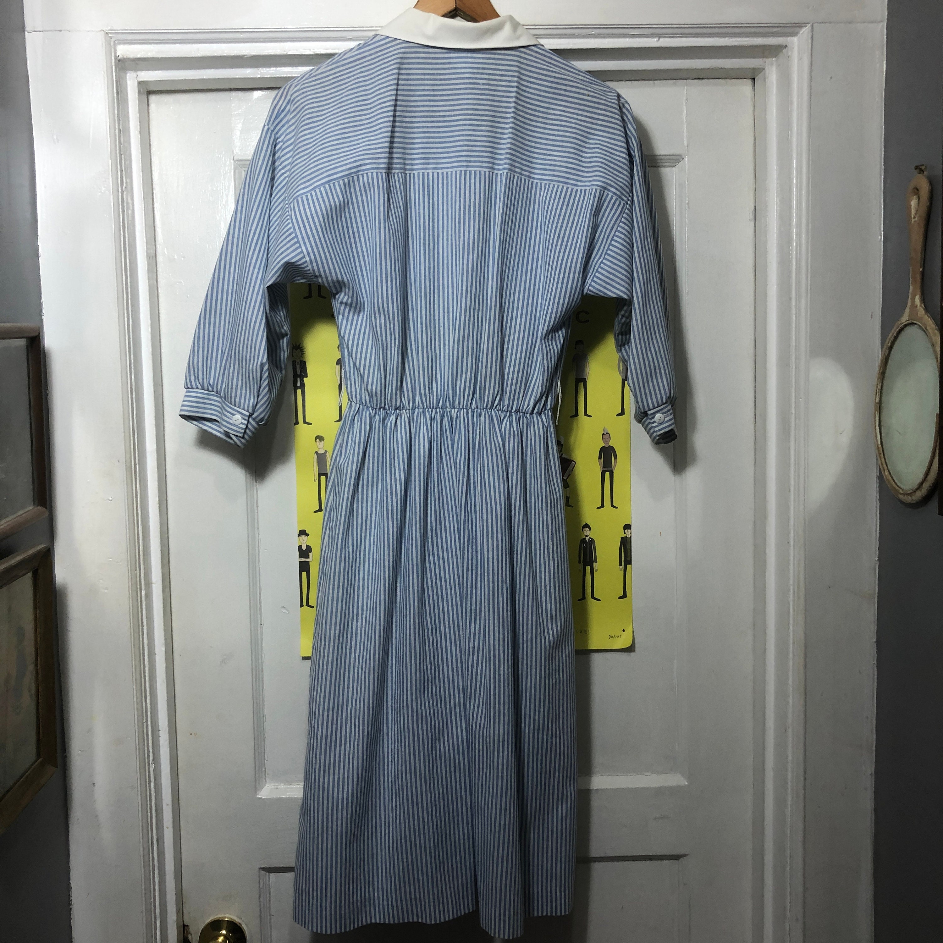 blue and white striped shirt dress with leather belt, vintage