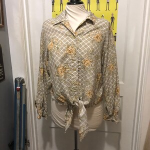Vintage Lizwear Rayon Rose Print Tie Front Blouse