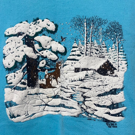 Vintage Snowy Cabin and Woodsy Deer Scene Sweatsh… - image 2