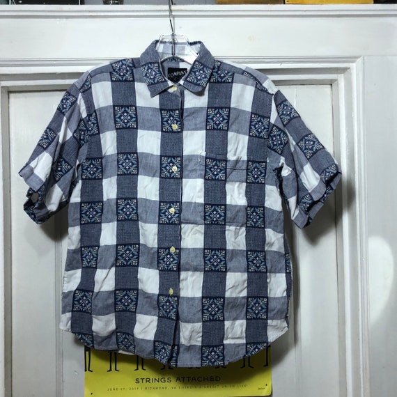 Vintage Checker Patterned Button Down Cotton Blou… - image 1