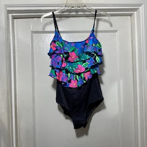 Vintage 90s Colorful Floral Ruffle Swimsuit One Piece