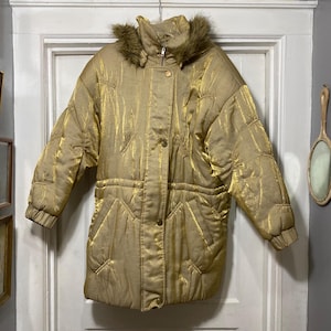 Vintage Shiny Gold Puffer Jacket With Faux Fur Trim Hood