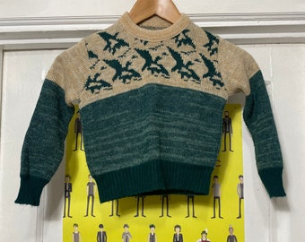 Vintage 70s/80s Kids Duck Print Green and Brown Sweater