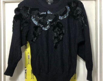 Vintage Black Sweater With Sequin and Rabbit Fur Details