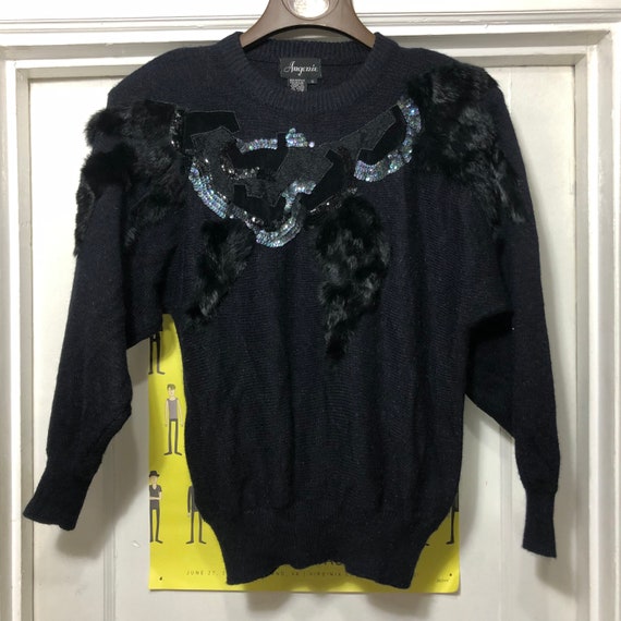 Vintage Black Sweater With Sequin and Rabbit Fur … - image 1