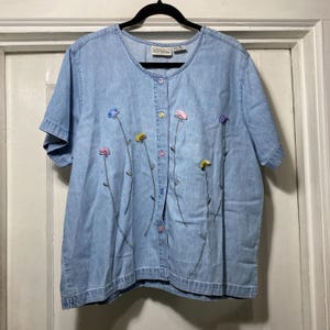 Vintage Boxy Denim Shirt with Flower Embroidered Detail
