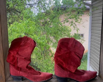 Vintage Red Suede Slouchy Cowboy Boots