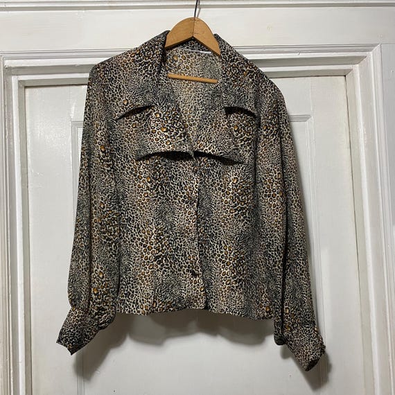 Vintage Leopard Print Button Down Semi Sheer Blou… - image 1