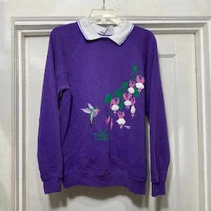 Vintage Collared Purple Hummingbird and Flower Sweatshirt for The Butchart Gardens