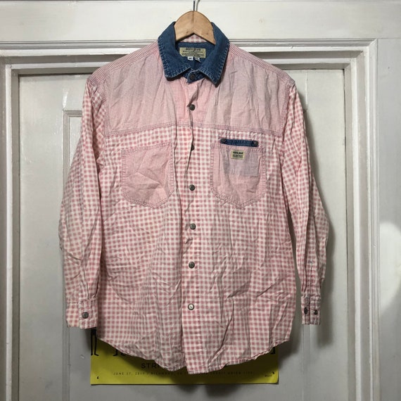 Vintage 90s Guess Jeans Pink Gingham Button Down … - image 1