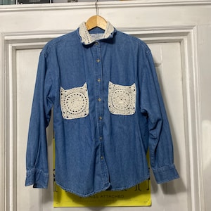 Vintage 90s Chambray Shirt With Lace Detail