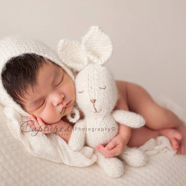 Newborn Bonnet Set With Stuffed Knit Bunny Toy