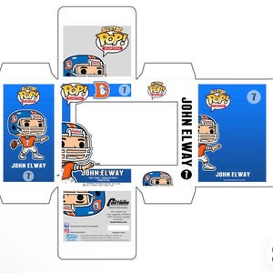 May include: A flat, unfolded cardboard box template for a custom John Elway vinyl figure. The design features a blue background, the text John Elway, the number 7, and a cartoon illustration of a football player wearing an orange jersey and helmet.