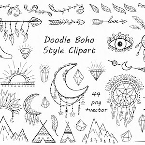 Doodle Boho Style Clipart, hand drawn indian clip art, sketch, png, vector, outline for  Personal and Commercial Use