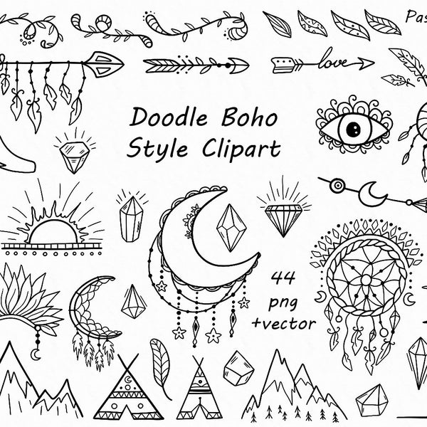 Doodle Boho Style Clipart, hand drawn indian clip art, sketch, png, vector, outline for  Personal and Commercial Use