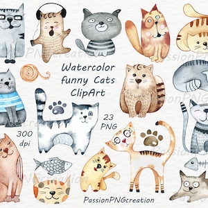 Imágenes prediseñadas de gatos en acuarela, animales domésticos, descarga instantánea, animales en formato PNG digital, lindos gatitos en acuarela, para uso personal y comercial