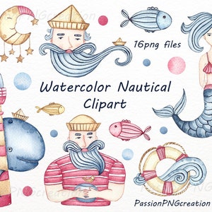 Watercolor Nautical Clipart, watercolour , aquarelle , 16 PNG files, Hand drawn, For Personal and Commercial use