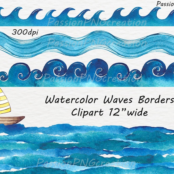 Watercolor Waves Borders Clipart, Waves clip art, Watercolour, clipart, PNG, Borders, Personal and Commercial Use