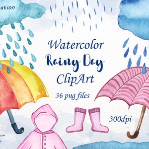 Watercolor Rainy Day Clipart, Watercolor Rainy Day Clipart, umbrella clip art, seamless pattern, Watercolor rain , diy, PNG files image 1