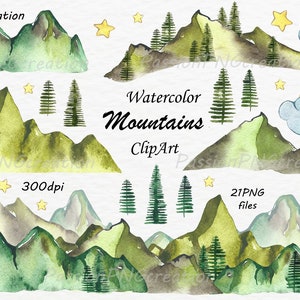 Aquarelle montagnes Clipart, PNG, peint à la main, frontière montagne clip art, collines, graphiques de montagne, pour un usage personnel et commercial