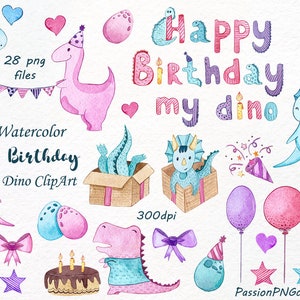 Watercolor happy birthday dinosaur Clipart, seamless pattern watercolour cactus clip art, celebration, PNG, For Personal and Commercial Use