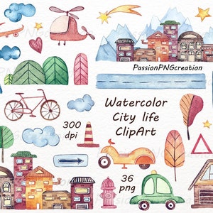 Watercolor City Life Clipart: Urban Illustrations & Seamless Pattern (PNG)