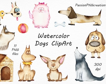 Watercolor Dogs Clipart, transparent backgrounds, Watercolour puppies clip art, PNG, diy greeting card, for Personal and Commercial Use
