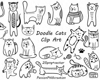 Doodle Cats Clipart, Digital doodles clip art, png, eps, ai, vector, line art, coloring, For Personal and Commercial Use