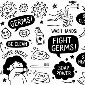 Puede incluir: Ilustración en blanco y negro con las palabras "GERMS!", "WASH HANDS!", "FIGHT GERMS!", "BE CLEAN", "BRUSH TEETH", "STAY HEALTHY", "WEAR MASK" y "SOAP POWER". La imagen incluye dibujos de gérmenes, jabón, un cepillo de dientes y una persona estornudando.