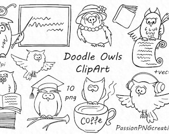 Doodle Owls Clipart, hand drawn owls, line art, Digital owl clipart, png, vector, eps, ai, For Personal and Commercial Use