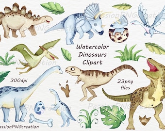 Könnte beinhalten: Aquarell-Clipart-Set mit 23 Dinosauriern in verschiedenen Posen, darunter ein Stegosaurus, ein Pterodactylus, ein Triceratops und ein T-Rex. Die Dinosaurier sind in Grün-, Braun-, Blau- und Gelbtönen gemalt. Das Set enthält auch Blätter und Eier.