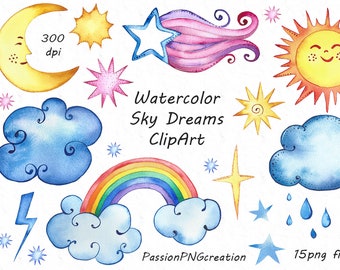 Watercolor Sky Dreams ClipArt,  Sun , Moon Clipart, Watercolor stars, clip art, digital clipart, PNG, For Personal and Commercial Use