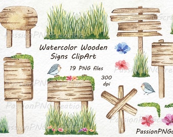 Watercolor Wooden Signs Clipart, Wooden Borders, Digital, Instant Download, Signposts, Invitation sign, PNG, For Personal and Commercial Use