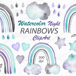 Watercolor Night Rainbows Clipart, PNG, watercolour blue, vilet, and gray clouds, stars, clip art, Nursery art, Boy baby shower graphics