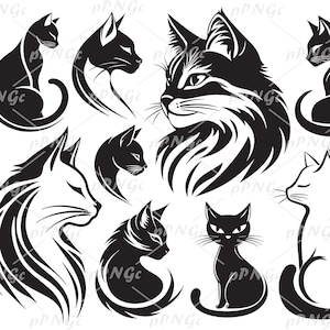 Op de afbeelding: Een verzameling van gestileerde kattenillustraties in zwart en wit. De katten worden afgebeeld in verschillende poses, waaronder zittend, liggend en omhoog kijkend. De illustraties zijn gedetailleerd en ingewikkeld, met de nadruk op de vacht en kenmerken van de katten.