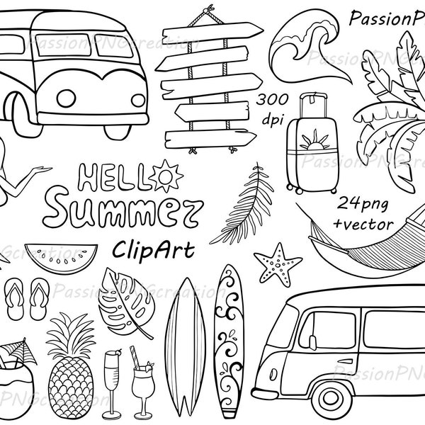 Doodle Summer clipart, Hand drawn vacation clipart, Hawaii, Digital clip art, PNG, EPS, AI, vector clipart, For Personal and Commercial use