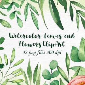 Aquarelle feuilles et fleurs Clip art, clipart peint à la main, PNG, carte de voeux bricolage, clipart floral, pour usage personnel et commercial