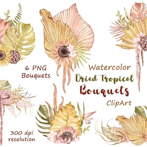 Clipart Bouquets Boho aquarelle. fleurs tropicales séchées. Feuilles séchées. Bouquet tropical. Faire-part de mariage Boho PNG