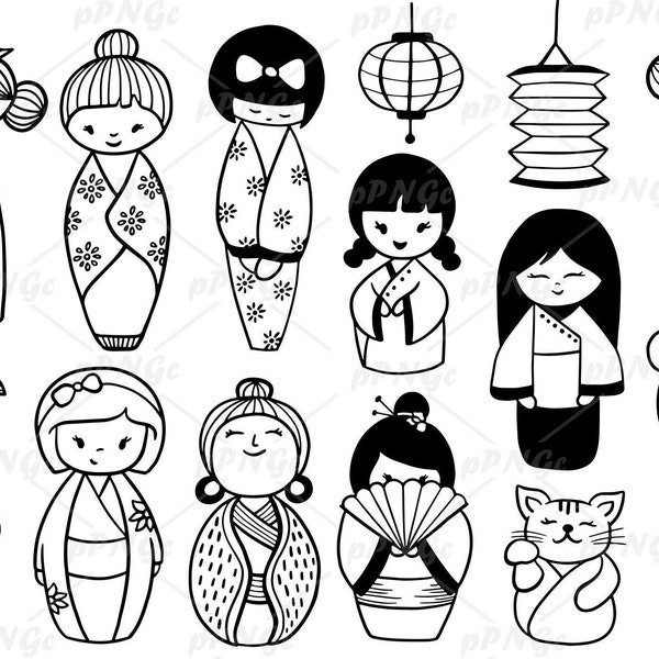 Kokeshi dolls clipart, vector kokeshi, Japan Kokeshi Dolls, Japanese Kimono, SVG , ai, eps, png, digital stamp, Dolls outline