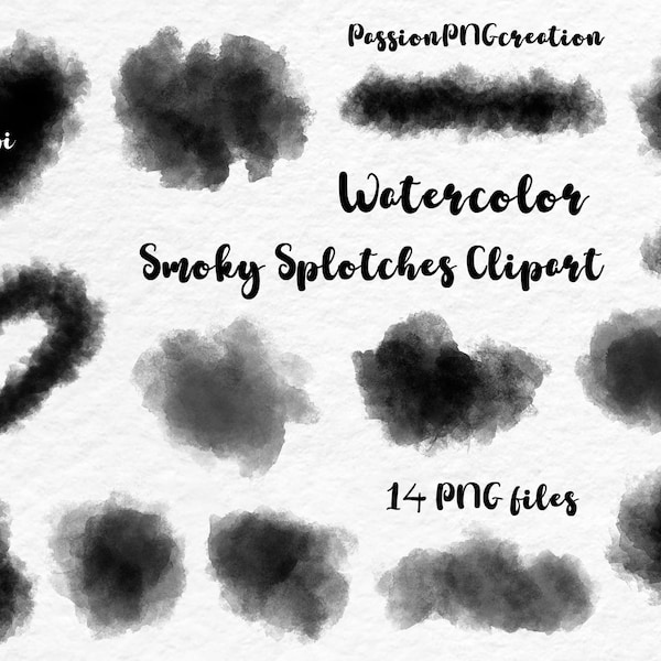 Watercolor Smoky Splotches Clipart, Smoke clip art, Black Splashes Clipart, Watercolor clipart, clip art, PNG, Logo, Smoke png