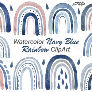 Aquarelle bleu marine arcs-en-ciel Clipart, PNG, motifs sans couture, aquarelle bleu, rose et gris, pluie, clipart, art pour chambre de bébé, baby shower